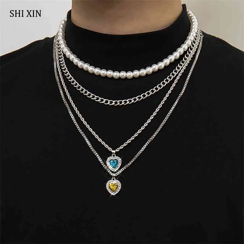 SHIXIN 4 Pcs Layered Pearl Beads Choker Necklace for Women Love Heart Crystal Pendants Necklaces Men Fashion 2021 Chains on Neck