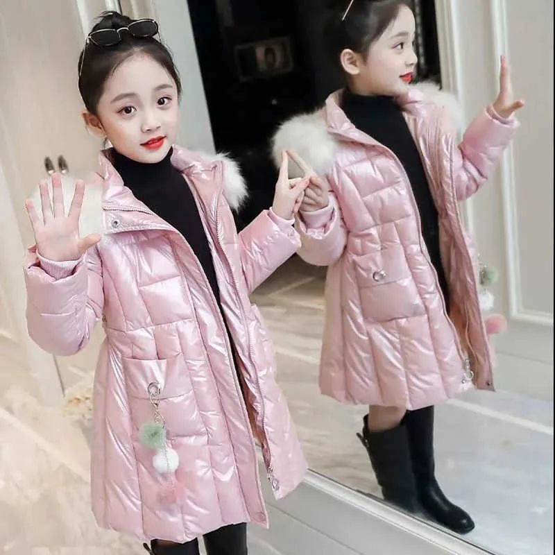 Fur Collar Long Hooded Parka 2021 Girls' Winter Jacket Bright Color Cotton Coat Girl Children's wear TZ873 H0909