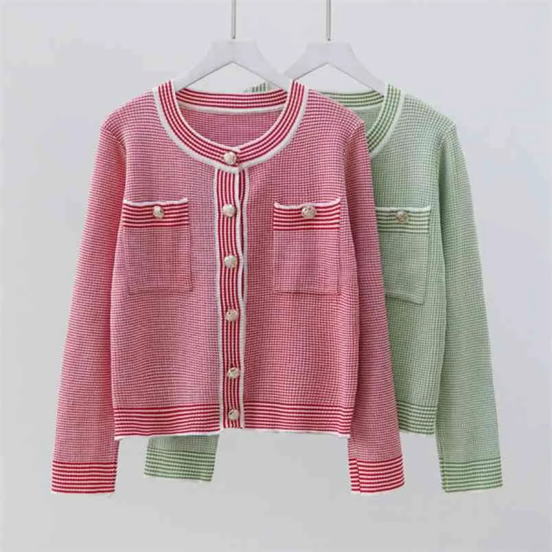 Spring Summer Short Sweater Cardigan Women Single Breasted Fashion Pink Green Striped Knitting Tops High Street Vintage Crop Top 210514