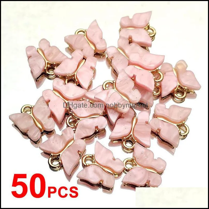 Charms Smycken Resultat Komponenter Flatfoosie 50pcs / set Fashion Acrylic Butterfly Aessories Guldfärg Charm för att göra DIY Earrings halsbana