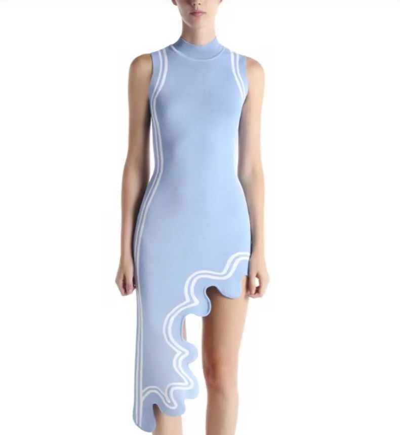 wavy hem knitted sleeveless dress Knit Dress, Women's Casual Empire Waist Knee-Length Striped Turtleneck with Hem, Sky Blue and Black Polyester blue sequin mini dress