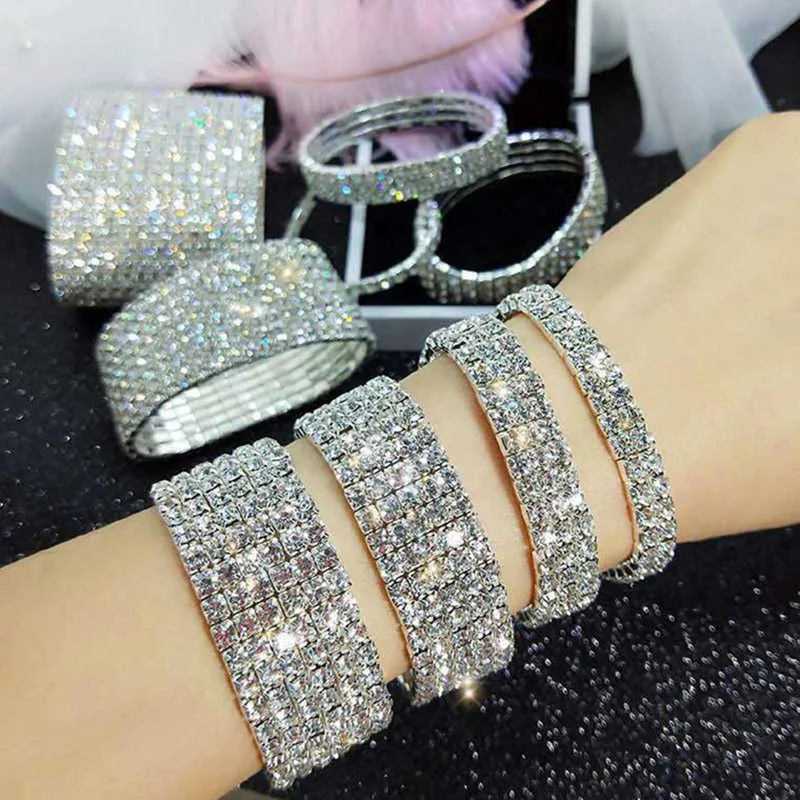 Ustar Brilhante Multicamada Full Rhinestone Pulseira para Mulheres Femininas Prata Cor Cristal Pulseiras Jóias Presente de Casamento Q0719