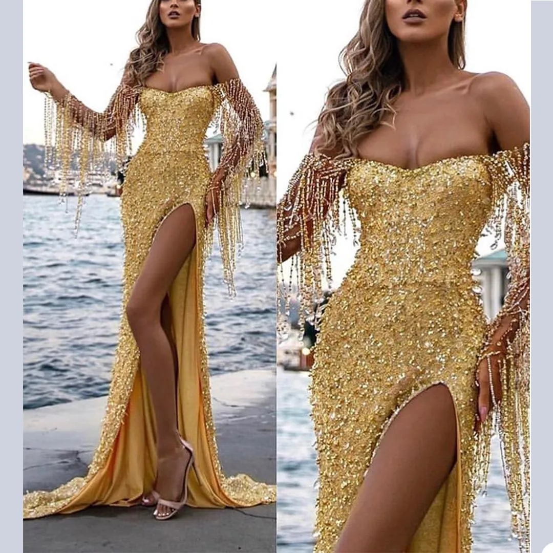 Designer Gold Abendkleider funkelnde Pailletten Perlenkristalle von der Schulterseite Schlitzerfermajung Langarmes Custom Made Prom Party Kleid Vestido 403 403