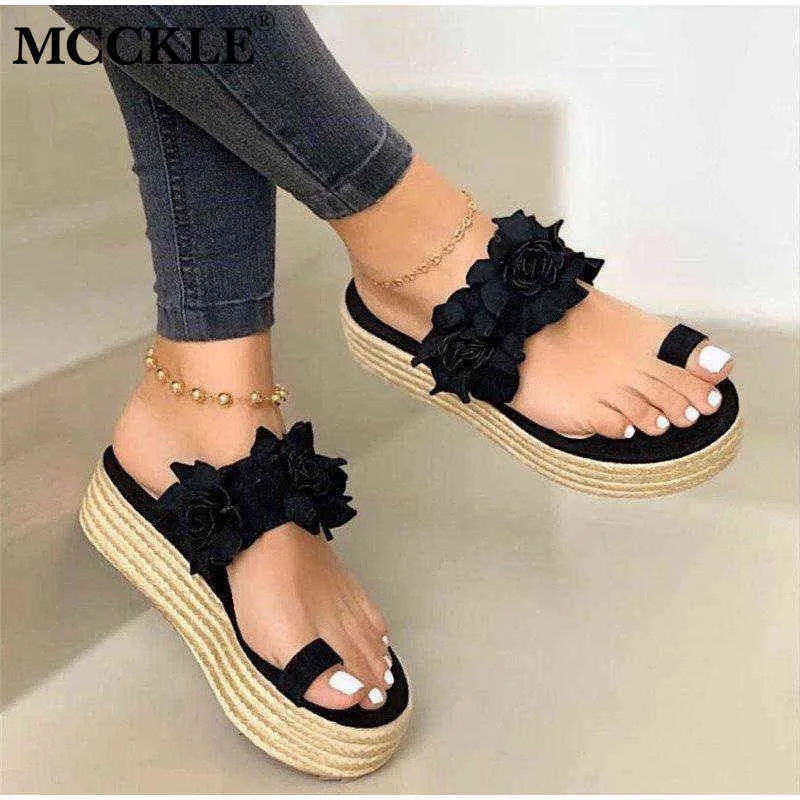 Mcckle kvinnor sommar sandaler damer öppen tå glid på blomma plattform thong skor kvinna mode komfort casual kvinnlig sandalias y0721