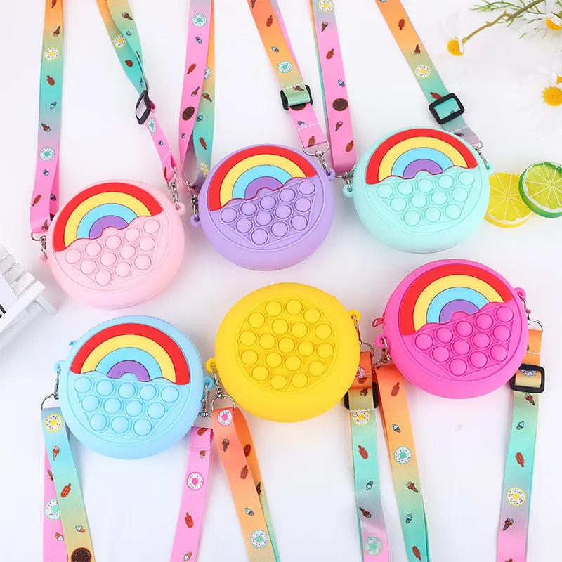 New Rainbow Fidget Toys Bag Cute Decompression Children Messenger Silicone Bag Bubble Push Coin Purse