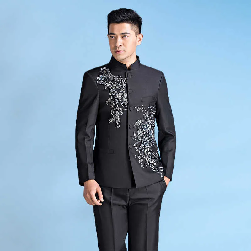 Chinese tunic suit mens stand collar men's flower clothing slim chinese style mens wedding groom wear costume homme black white X0909