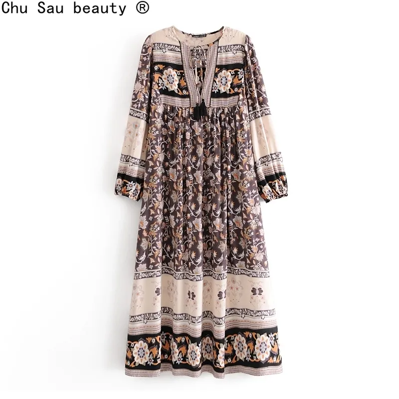 가을 프랑스어 빈티지 패션 여성의 Boho V 넥 포지셔닝 인쇄 드레스 레이스 위로 여성 긴 스커트 술 210508
