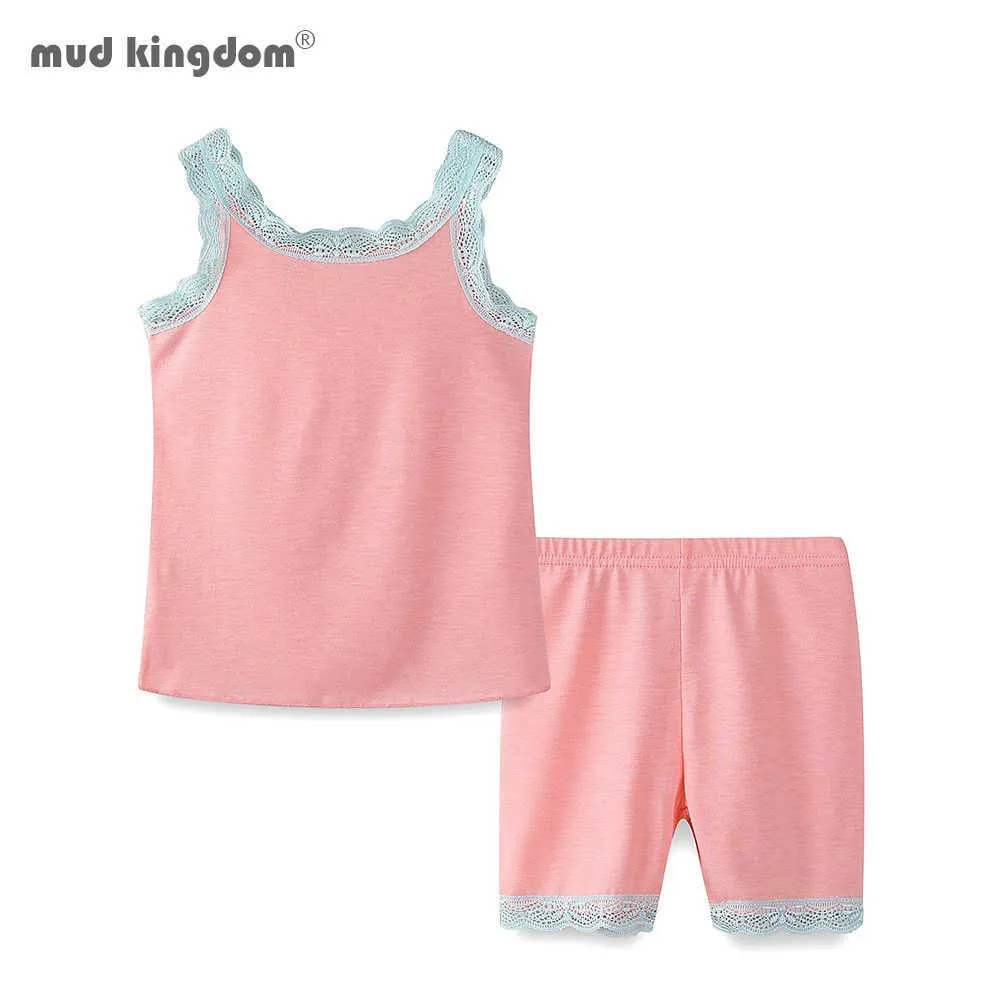Mudkingdom Girls Pajama Outfits Ärmlös Lace-Edge Patchwork Sommar Shorts Set 210615