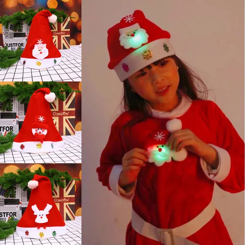 Nie Luminous Boże Narodzenie Kapelusz Dla Dzieci Snowman Deer Santa Claus Wzór Xmas Home Party Decoration Cap