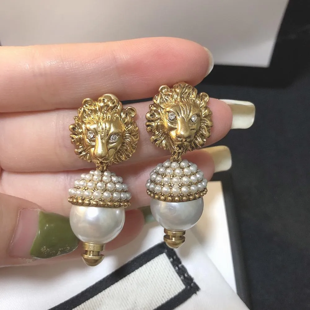 1; 1 Hoge Kwaliteit Vintage Oor Decoratie Retro Gouden Leeuw Hoofd Stud Pearl Oorbellen Voor Dames Mode Luxe Sieraden 2020
