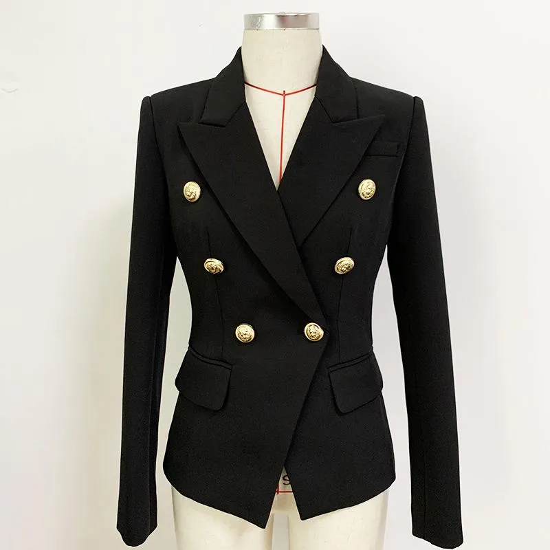 Classic Style Top Quality Original Design Women's Blazer Double-breasted Slim Jacket Metal Buckles Suit Fabric Coat Black White