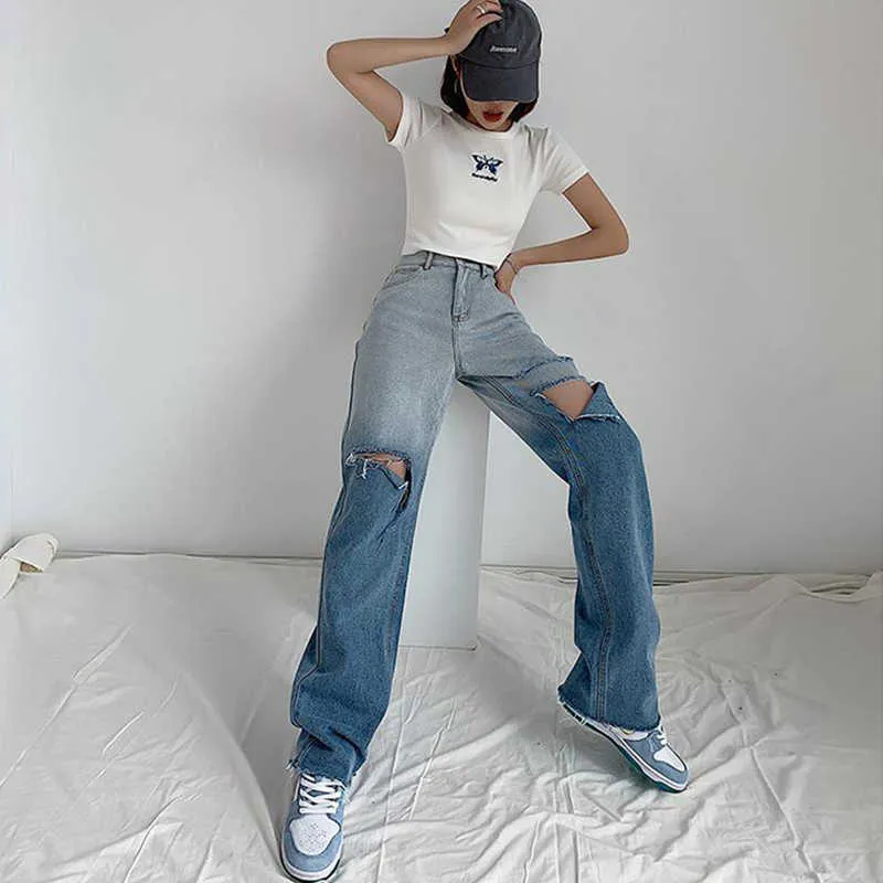 SURMIITRO Fashion Blue Gradient Korean Style Hole High Waist Boyfrind Mom Jeans Women Hollow Out Long Denim Pants Female 210712 From 20 19 DHgate
