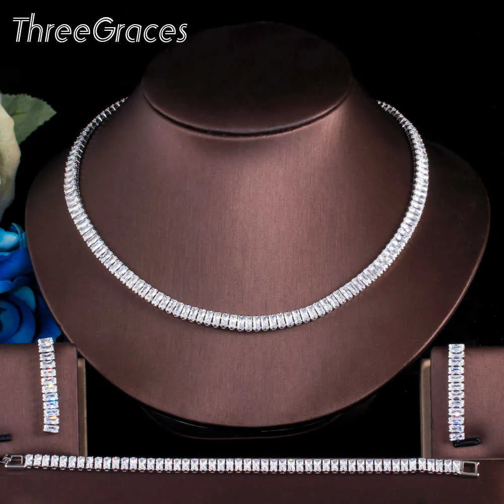 ThreeGraces Classic Wedding Jewelry Sets Sparkling Baguette CZ Crystal Silver Color Earrings Necklace Bracelet for Women TZ586 H1022