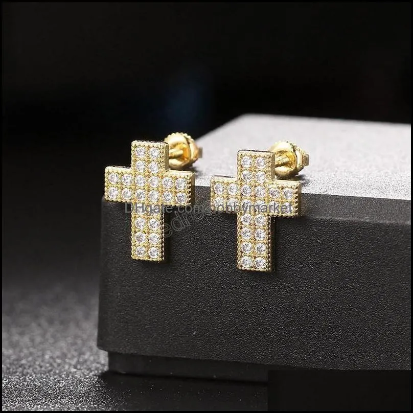 Unisex Fashion 18k Yellow White Gold Plated Full CZ Screwbacks Cross Studs Earrings for Men Women Nice Gift