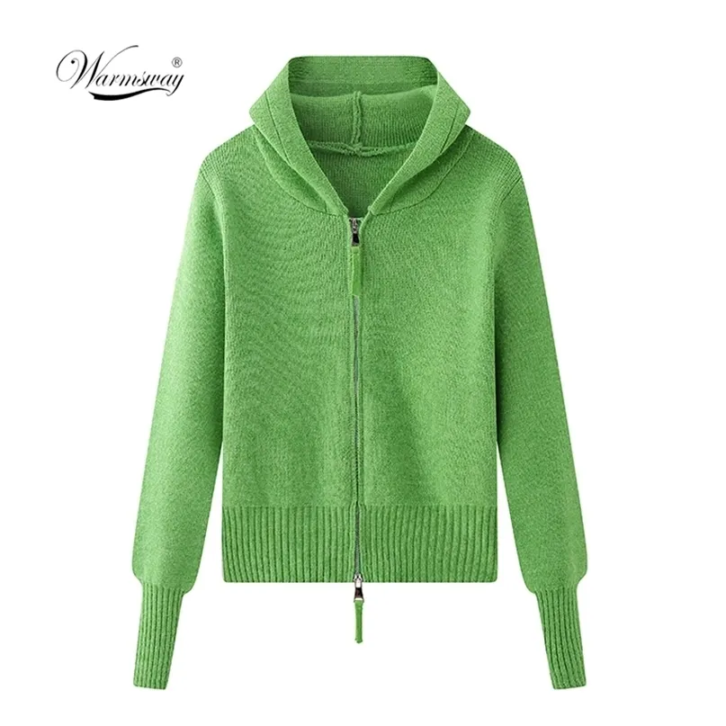 Spring Zippers Sweaters Jacket Slim Knit Solid Green Cardigan Outwear Short Fall Warm Soft Hooded Cropped Coat C-219 211011