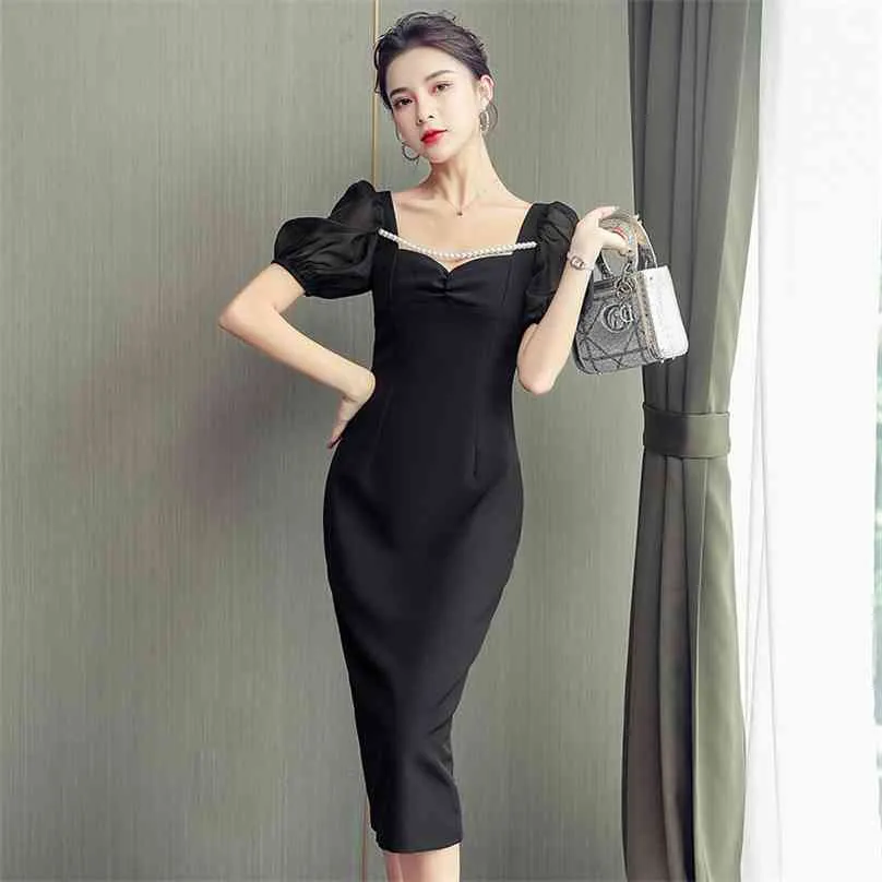 Black Midi Office Dress för Kvinnor Sommar Kortärmad V Neck Lace Sundress Sexiga Ladies Korea Ol Bodycon Dresses 210602