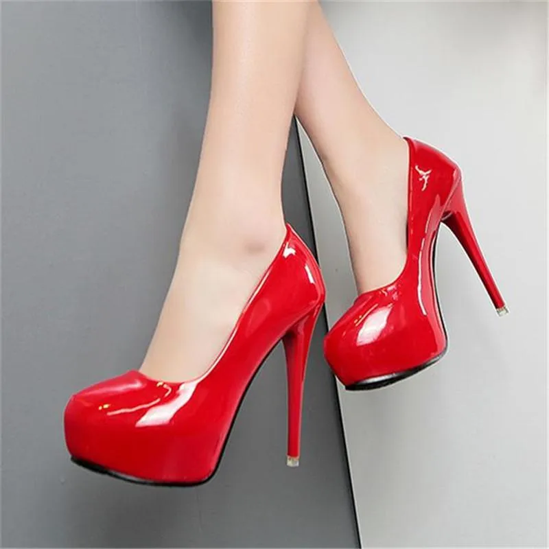 Dress Shoes Selling Women Round Head Pumps Patent Leather Red 12CM High Heels Boat Shadow Wedding Zapatos Mujer
