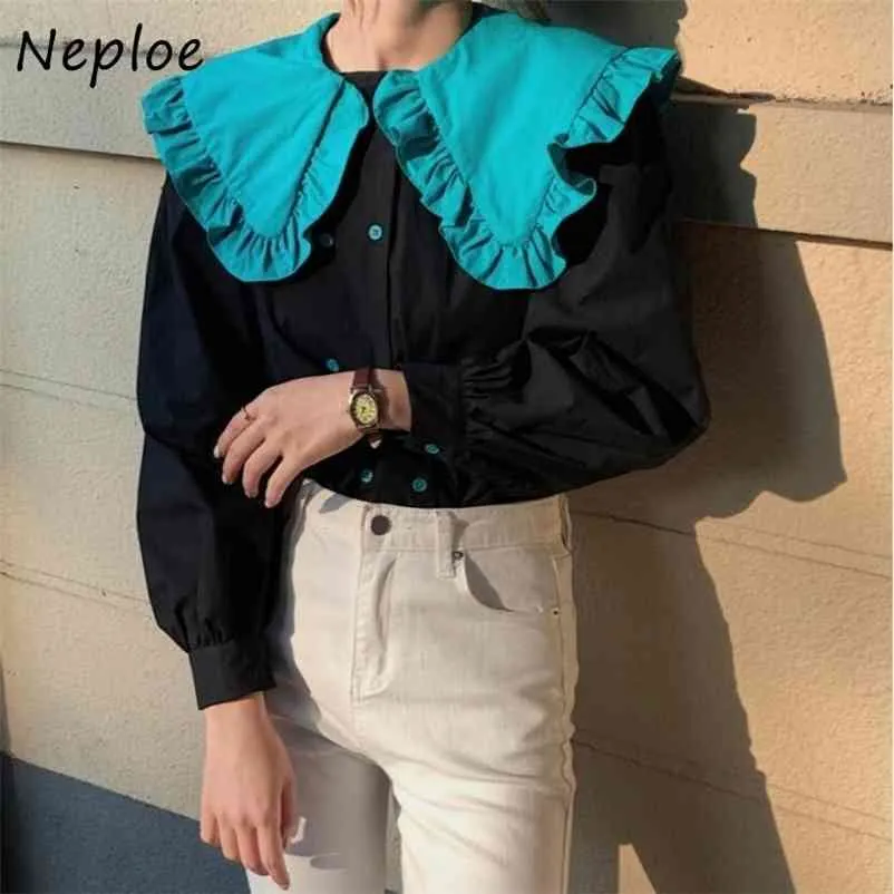 Color Patchwork blusa suelta mujer oreja de madera pulóver manga larga Blusas estilo de trabajo Ol camisa femenina salvaje 210422