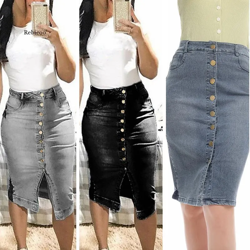 Femmes Mode Taille Haute Denim En Détresse Jeans Moulante Longue Jupe Boutons Poches Split Bandage Jeans Jupe X0522