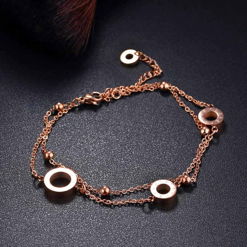 Link, Chain Roman Numerals Circular Ring Accessories Woman's Bracelet Rose Gold Color Double Layer Wristband Bangles Wedding Jewelry