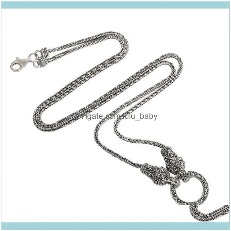 Real Long Chain Retro Women S925 Sterling Marcasite Stone Pendant Thai Silver Necklace Jewelry