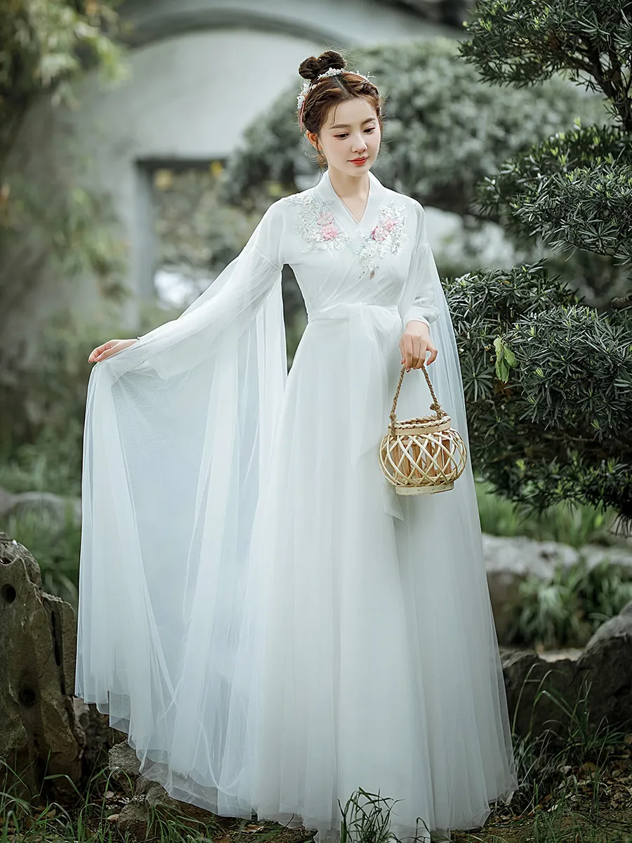 Abbigliamento da palcoscenico per film TV Bianco Rosa Abito da donna Abito tradizionale Hanfu Prom Compleanno formale Regalo di Natale costume da fata cosplay