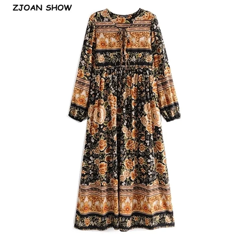 Autumn Bohemia Lacing up V neck Flower Print Long Dress Black BOHO Woman Sleeve Tassel Strappy Holiday Dresses Beach 210429