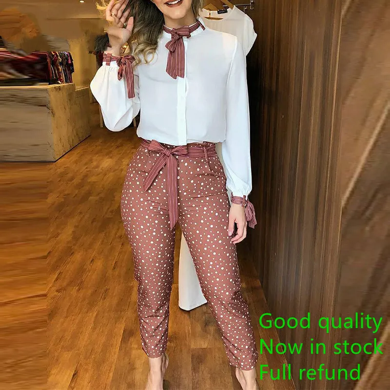 Byxor Sätta Casual Women Two Piece Set Outfits Office Workwear Print Bundet detalj Top Polka Dot Sleeve Style Kläder Längd Ålder X0428