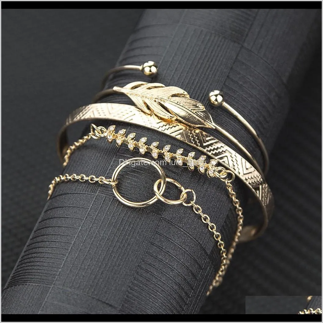 fashion ins style multi-layer gold and silver cuff chian bracelet with leaves bracelet for women girl link jewelry
