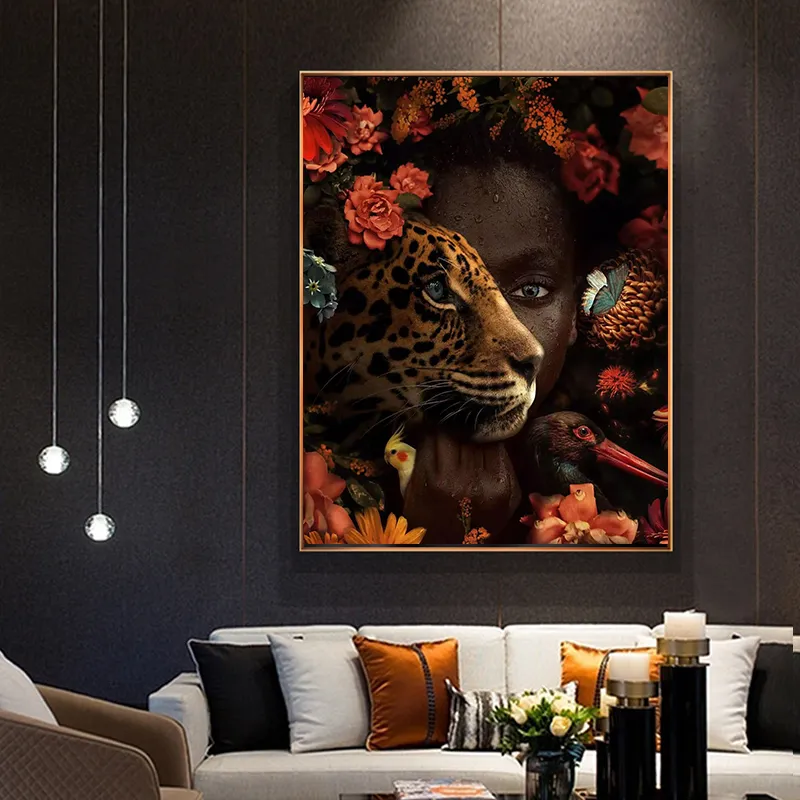 African Art Black Woman Tiger Rose Bird Oil Painting on Canvas Cuadros Posters and Prints Wall Art Picture for Living Room Decor