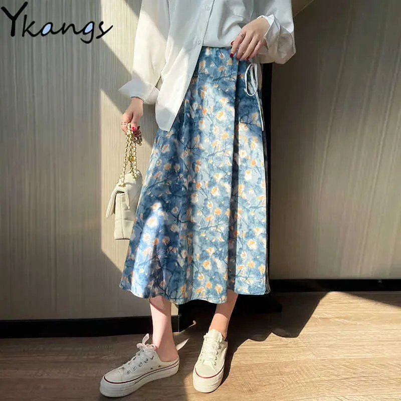 Blue Oil Painting Printing Ploeged Rok Vrouwen Vintage Harajuku Hoog getailleerde lange rok Koreaanse stijl Zomerkleding Tieners 210619