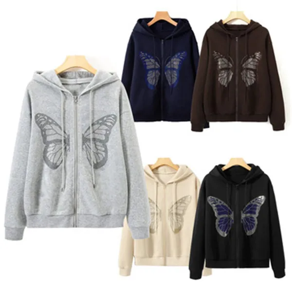 Felpe con cappuccio da donna Felpe con cappuccio Y2K strass da donna Drill Butterfly Felpa con cappuccio Khaki Hippie Zip Up Oversize Autunno Inverno Dark Waatfaak Streetwe