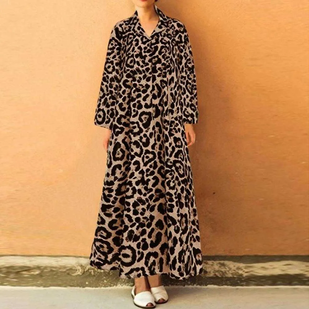 Plus Storlek S-4XL Vintage Leopard Kvinnor Långtröja Klänning Sexig V-Neck Turn-Down Collar Loose Spring Höst Lady Dress W895 210526