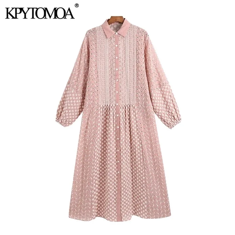 Kpytomoaの女性シックなファッション中空アウト刺繍のMidi Shirt Dressビンテージランタンスリーブボタンアップ女性ドレスvestidos 210730
