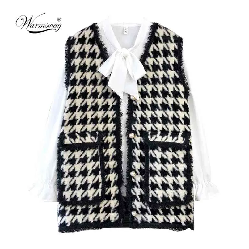 Hoge kwaliteit Houndstooth faux nertsen bont vrouwen lente herfst single-breasted vest gebreid vest mouwloze jas C-258 210910