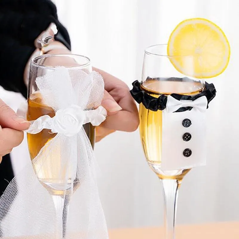 Wedding Decoration Cup Set Handmade Suit Wedding Dress Champagne Bride and Groom Champagne Glasses Bridal Shower Wedding Gifts Supplies Elastic Nylon Ring MJ0419