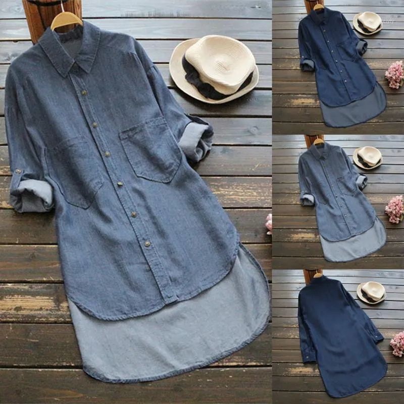 Women's Casual Shirts Denim Cowboy Blue Jeans Blouse Long Sleeve For Women Turn-down Collar Plus Size Blouses &