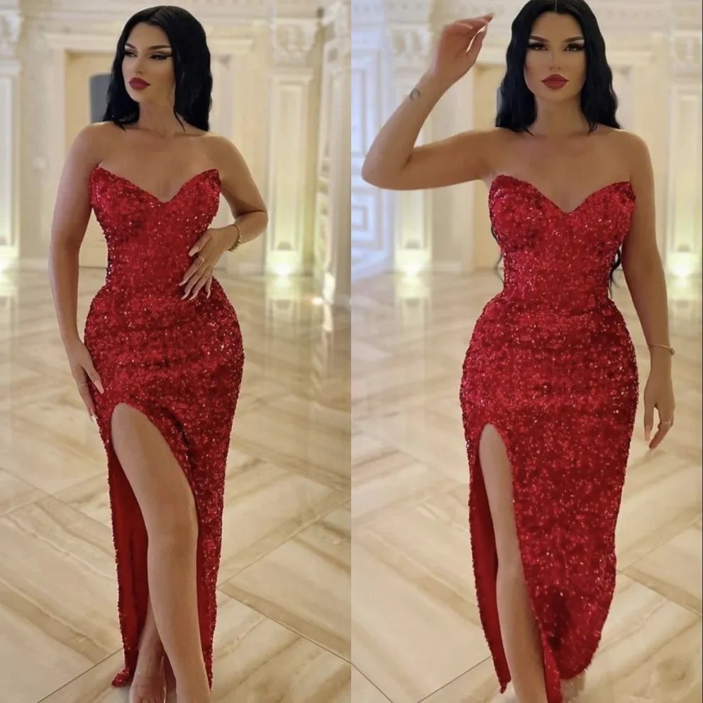 Red Prom Dresses 2022 Formalna Suknia Wieczorowa Party Pagewant Suknie Wysokie Split Słodkie Serce Sekwiny Bliski Wschód Dubaj