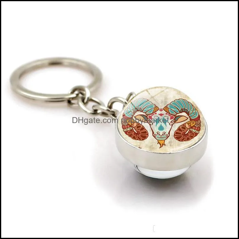 12 Constellation Time Stone Retro Keychain Double-sided Glass Ball Charm Metal Keychain Keyring Creative Men Women Jewelry Best Friend