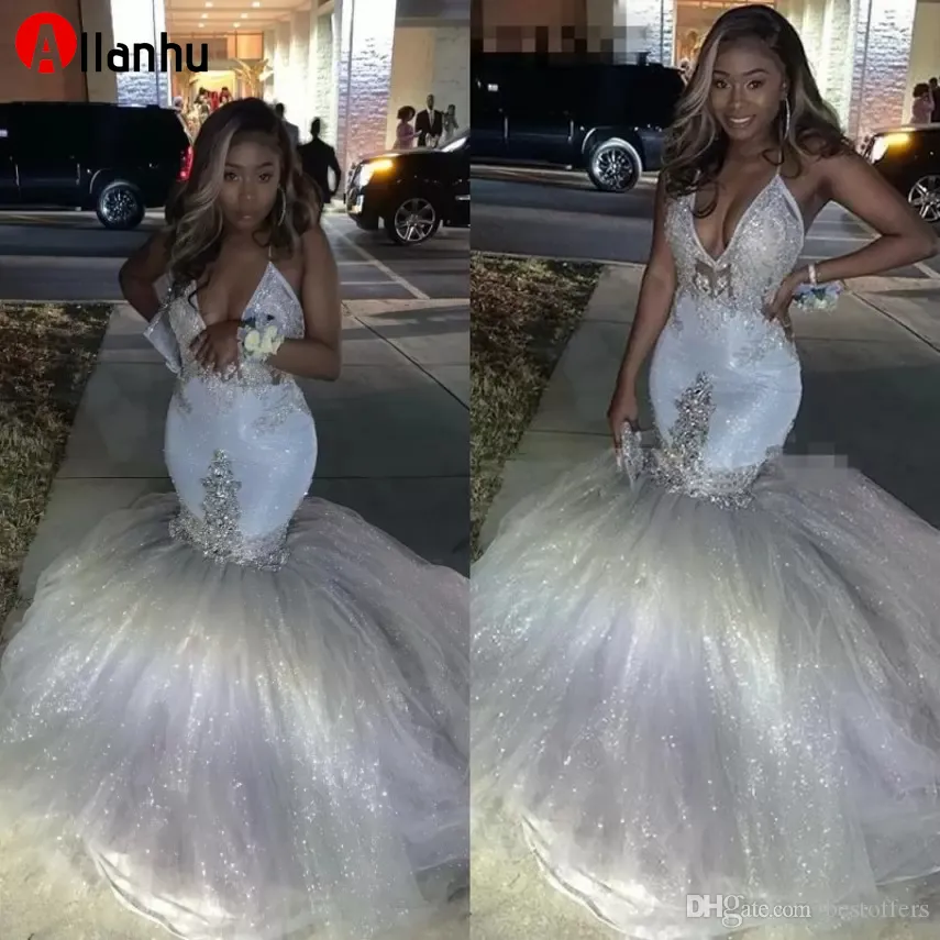 NEW! 2022 Glitter Silver Sexy V-Neck Mermaid Reflective Prom Dresses Spaghetti Straps African Long Formal Evening Gowns Graduation Party Dresses DWJ0208