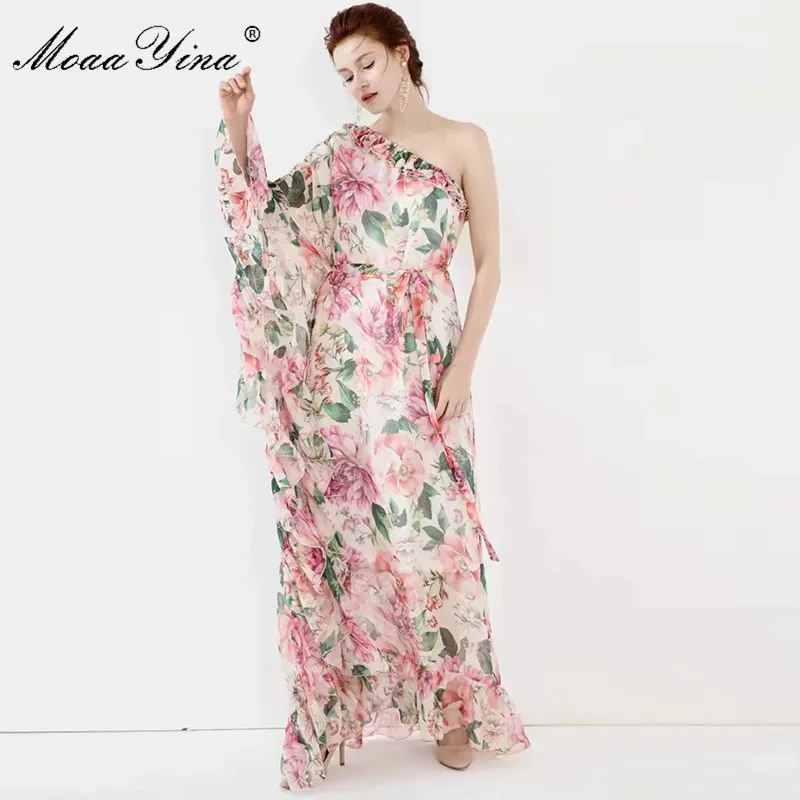 Lente zomer vrouwen jurk one-schouder onregelmatige kraag bloemen-print cascading ruche vakantie feest maxi jurken 210524