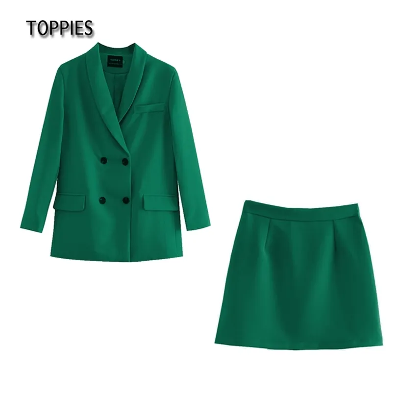 Toppies Womens Blazer Two Piece Suit Set Double Breasted Jacket Blazer Spring Ladies Formell Suit 211108