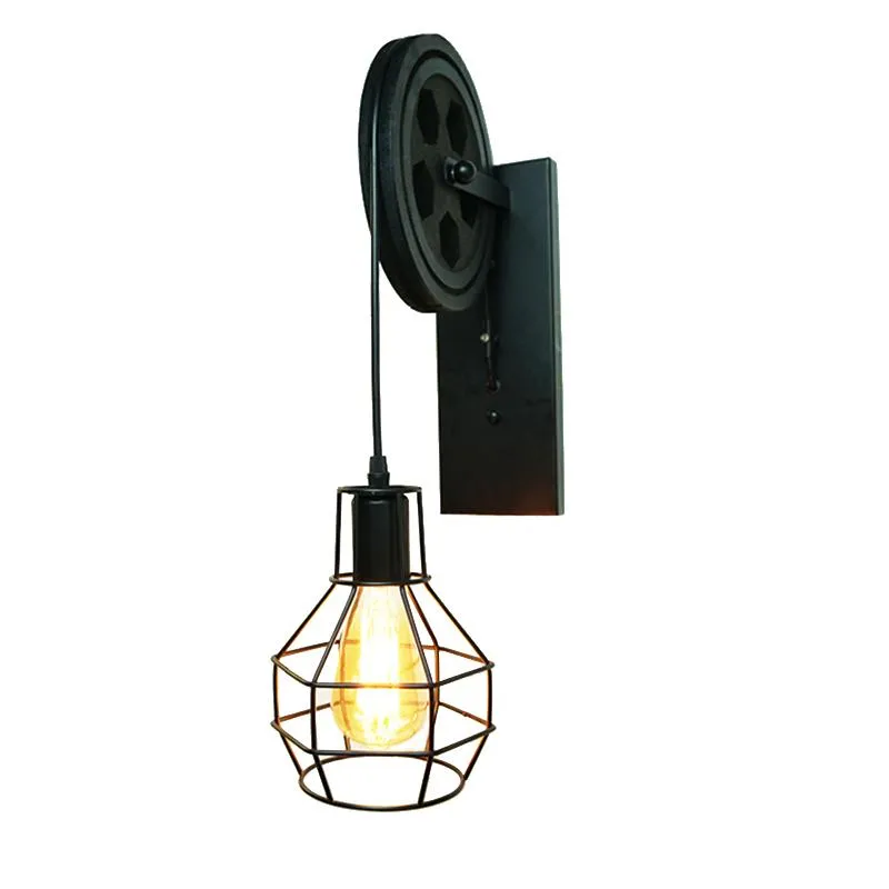 Lampa ścienna Kreatywne podnoszenie Pulley Light Retro Loft Vintage Drewno Black Aisle Wedside Corridor Porch Restaurant Bar Cafe Bra