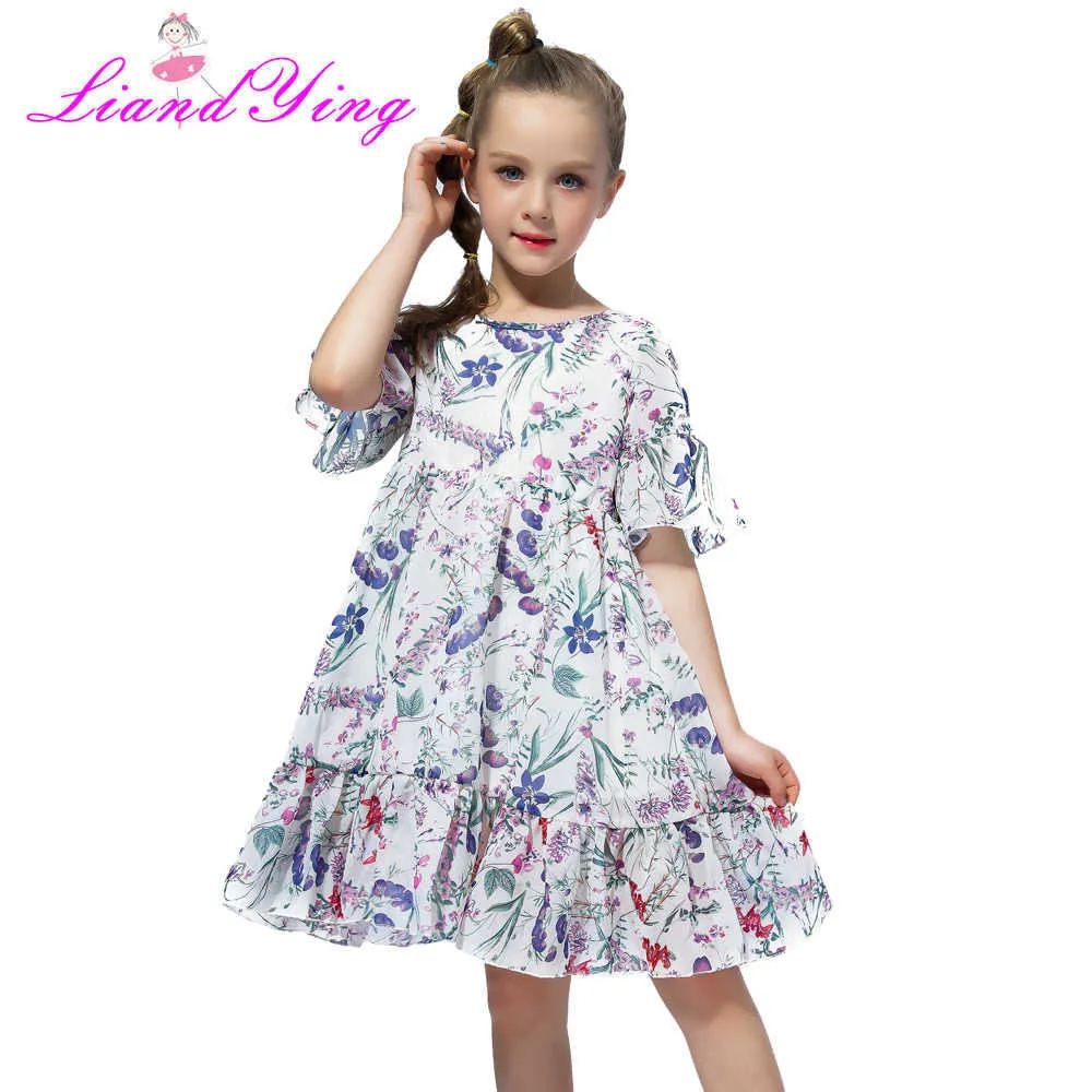 Kids Summer Bohemia Casual Pleated Dress for Girl Children Chiffon Floral Dress For 3 4 6 7 8 9 10 11 12 Years Q0716