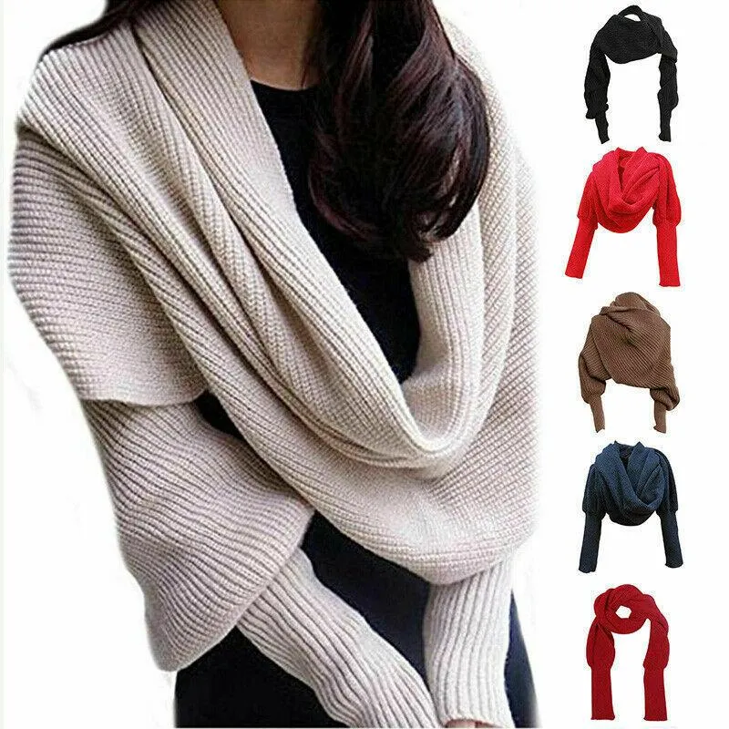 Scarves Fashion Women Lady Knitted Sweater Tops Scarf With Sleeve Wrap Winter Warm Shawl Black Beige Green Red