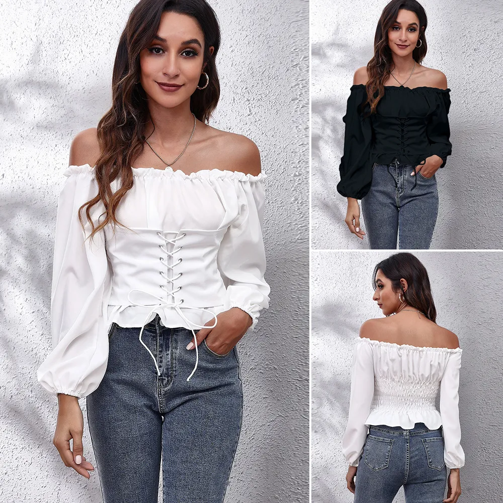 T-shirt femme bandeau devant dos élastique lanterne 1 cou taille haut court manches longues chemise en mousseline de soie