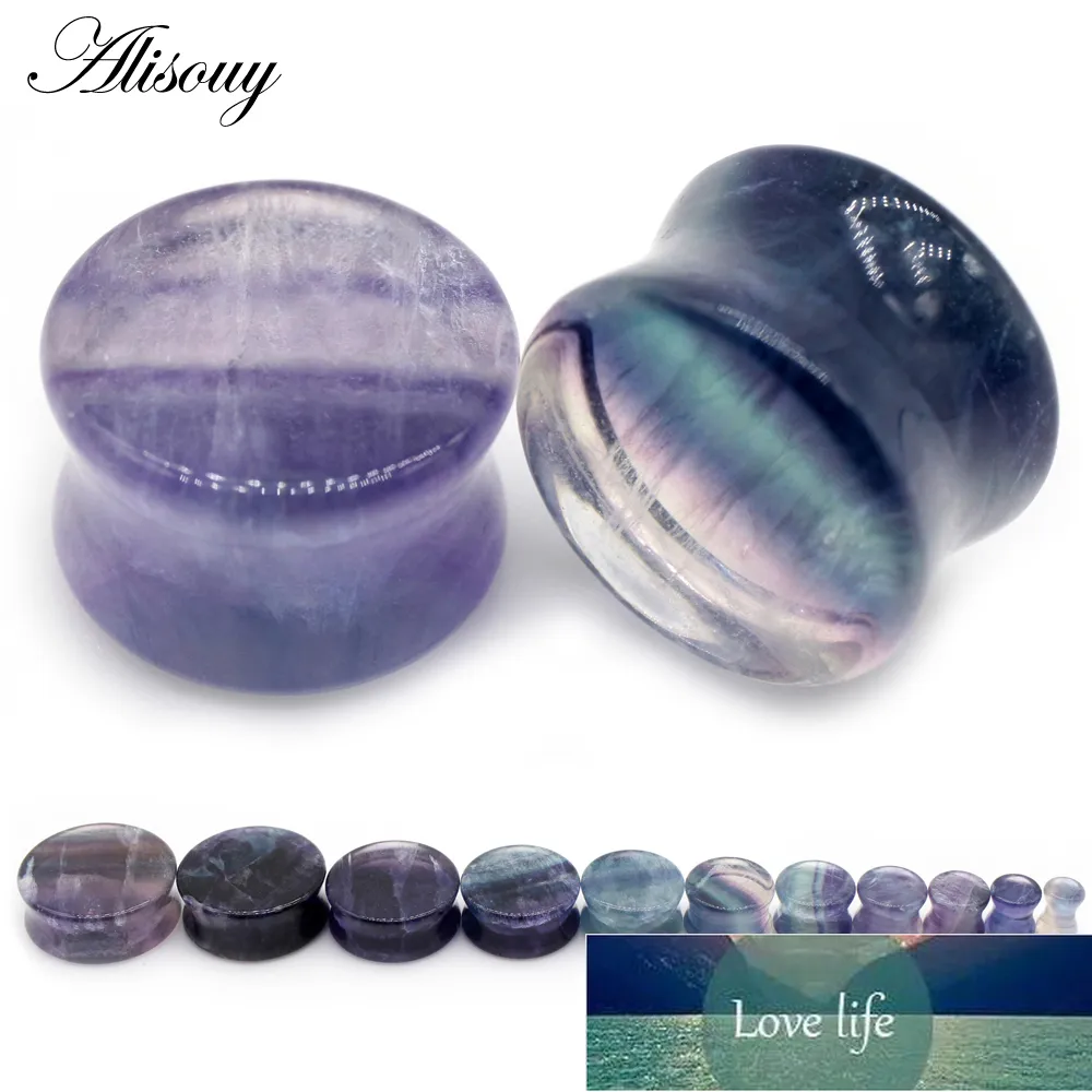 Alisouy 2 pcs multi-cor Aurora Fluorite Stone Stone Plugues Túnel Expansível Dupla Flared Macty Medidores Piercing Corpo Jóias de Jóias Preço de Fábrica Especialista Qualidade