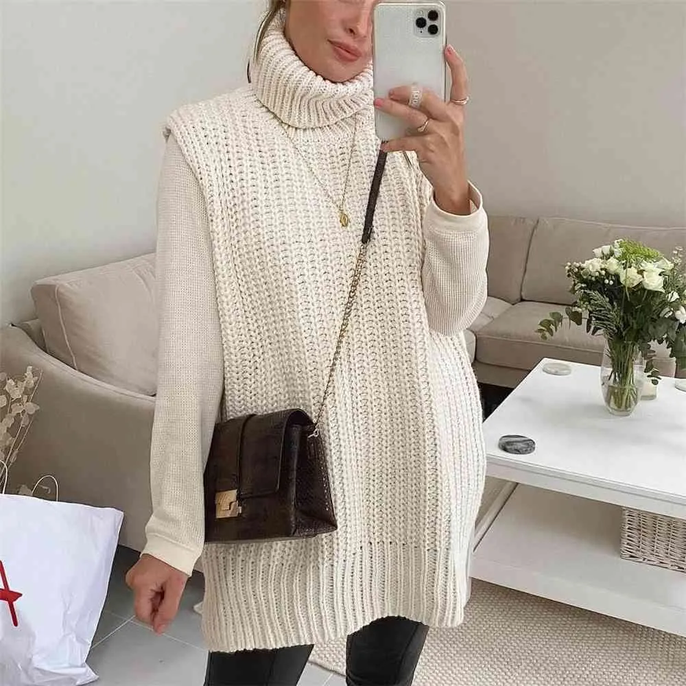 Pull à col roulé sans manches Femmes Épais Tricoté Gilet Shrug Chandails Casual Lâche Surdimensionné Automne Hiver Blanc Pull Pulls 210521