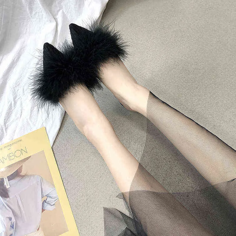 2020 new women`s set toe-shaped non-slip high heels fashion rubber bottom elastic cloth summer shallow fur shoes Y220221