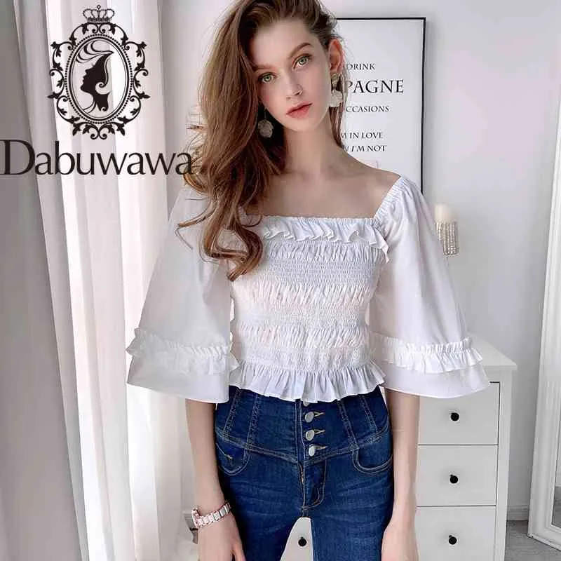 Dabuwawa Vintage Sexy White Flare Sleeve Frilled Blouse Dames Vierkante Neck Slim Fit Elegante Blouses Office Dame DT1BST026 210520